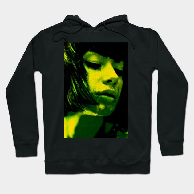 Beautiful girl, liquid on chin. Green, yellow. Dark sci-fi, beautiful. Hoodie by 234TeeUser234